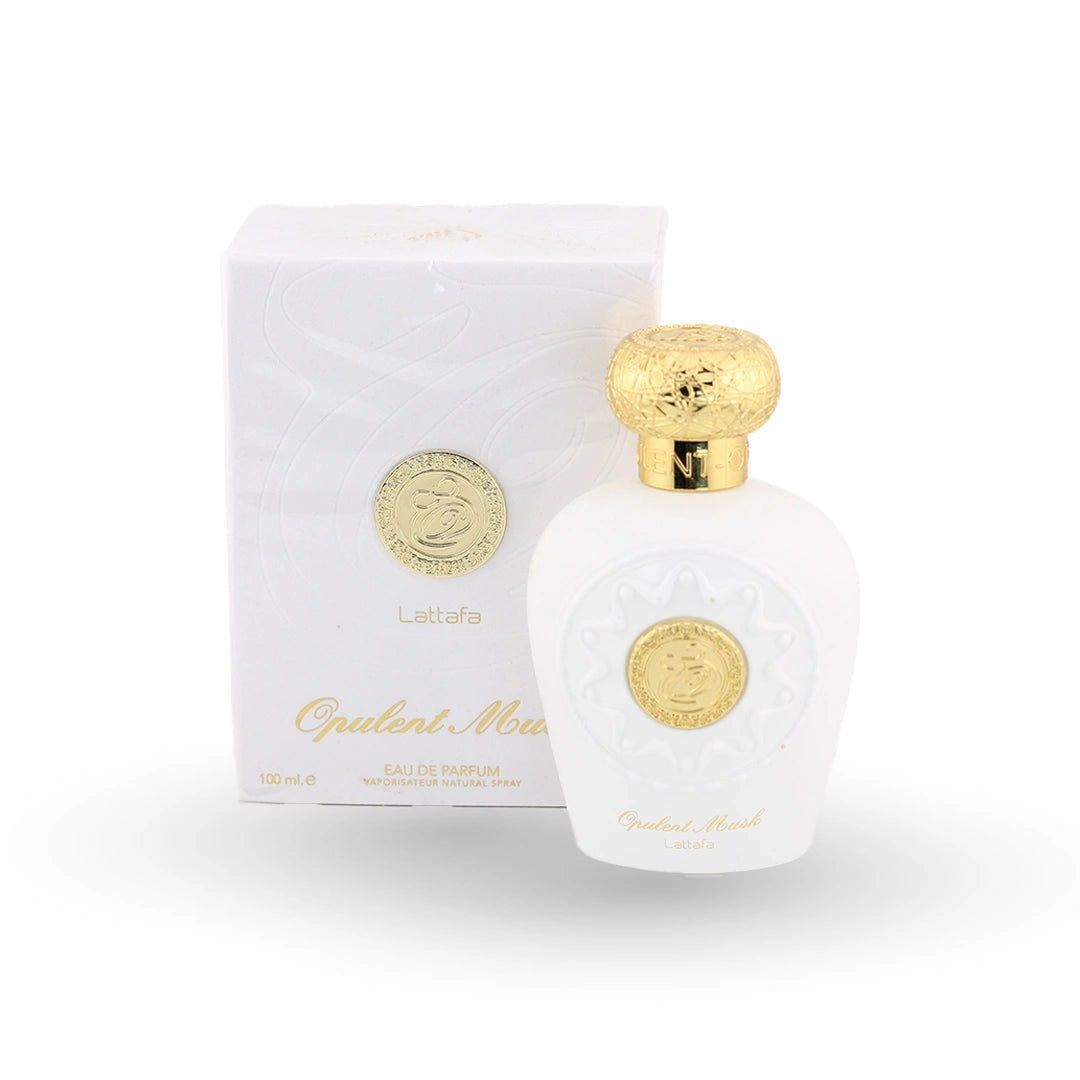Lattafa Opulent Musk white perfume bottle with gold cap