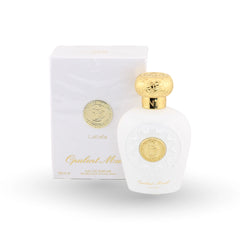 Lattafa Opulent Musk white perfume bottle with gold cap