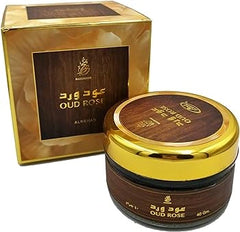 Gold Oud Rose fragrance jar by Banafa For Oud with matching box