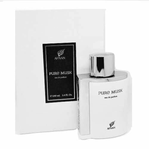 Afnan Pure Musk perfume bottle with black and white packaging