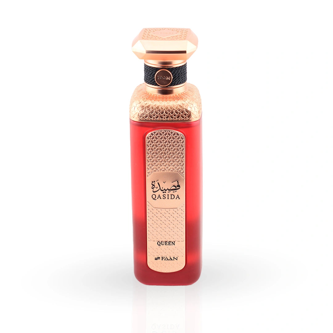 Qasida Queen 200ml perfume bottle by FAAN with red and rose-gold packaging