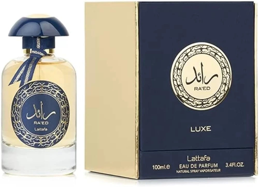 Ra'ed Luxe perfume bottle with navy blue cap and gold accents by Lattafa