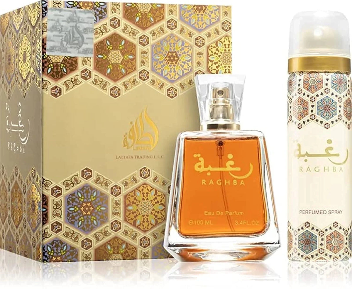 Lattafa Raghba gift set with 100ml eau de parfum, body spray and presentation box