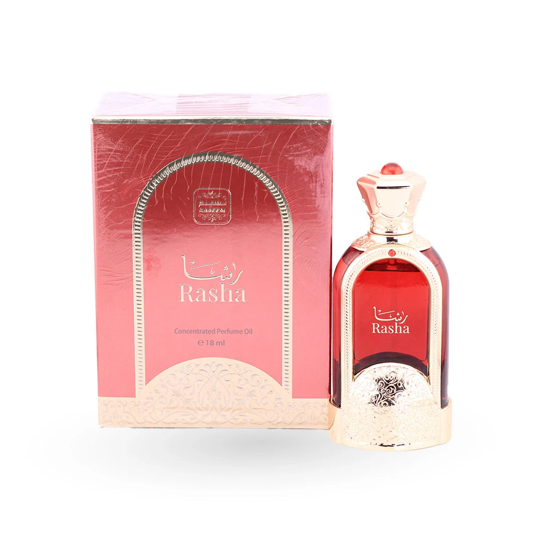 Rasha concentrated perfume oil 18ml bottle by Naseem with red liquid and gold ornate design