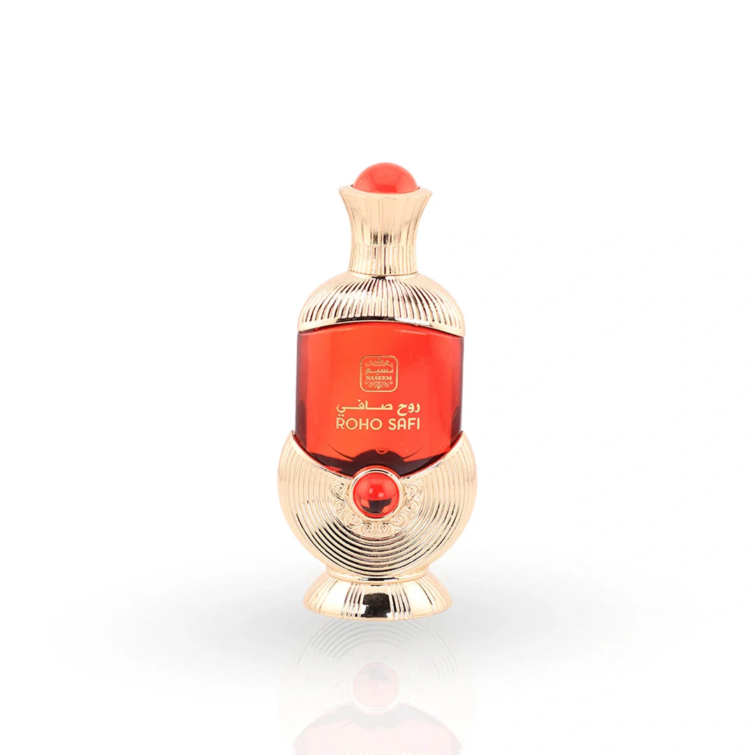 Roho Safi red perfume oil bottle with golden details by Naseem