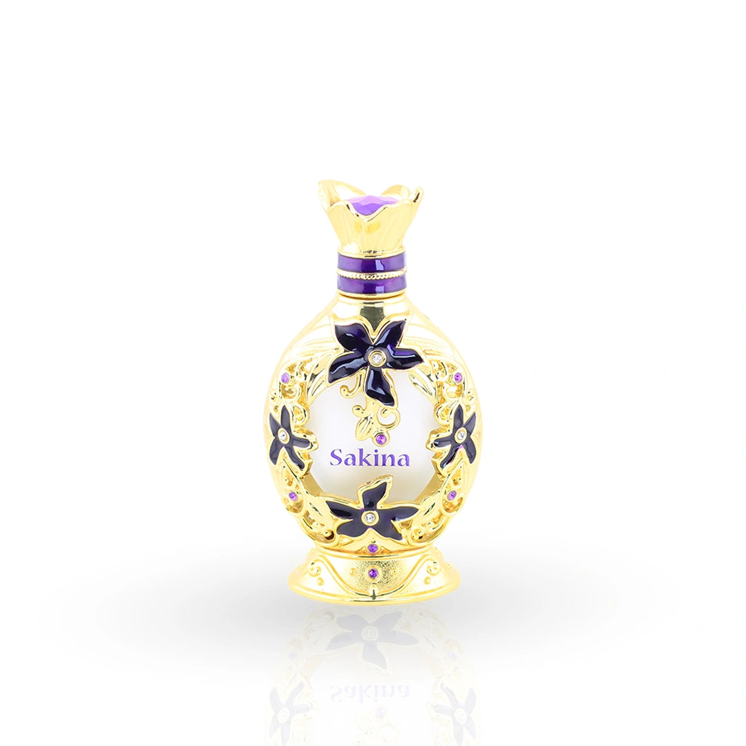 Sakina Concentrated Perfume Oil 24ml ornate gold bottle with purple accents by Naseem