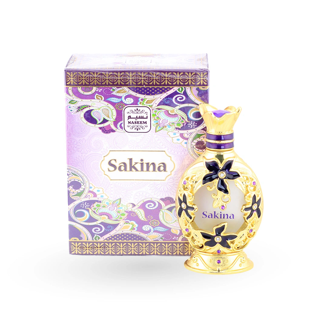 Sakina Concentrated Perfume Oil 24ml ornate gold bottle with purple accents by Naseem