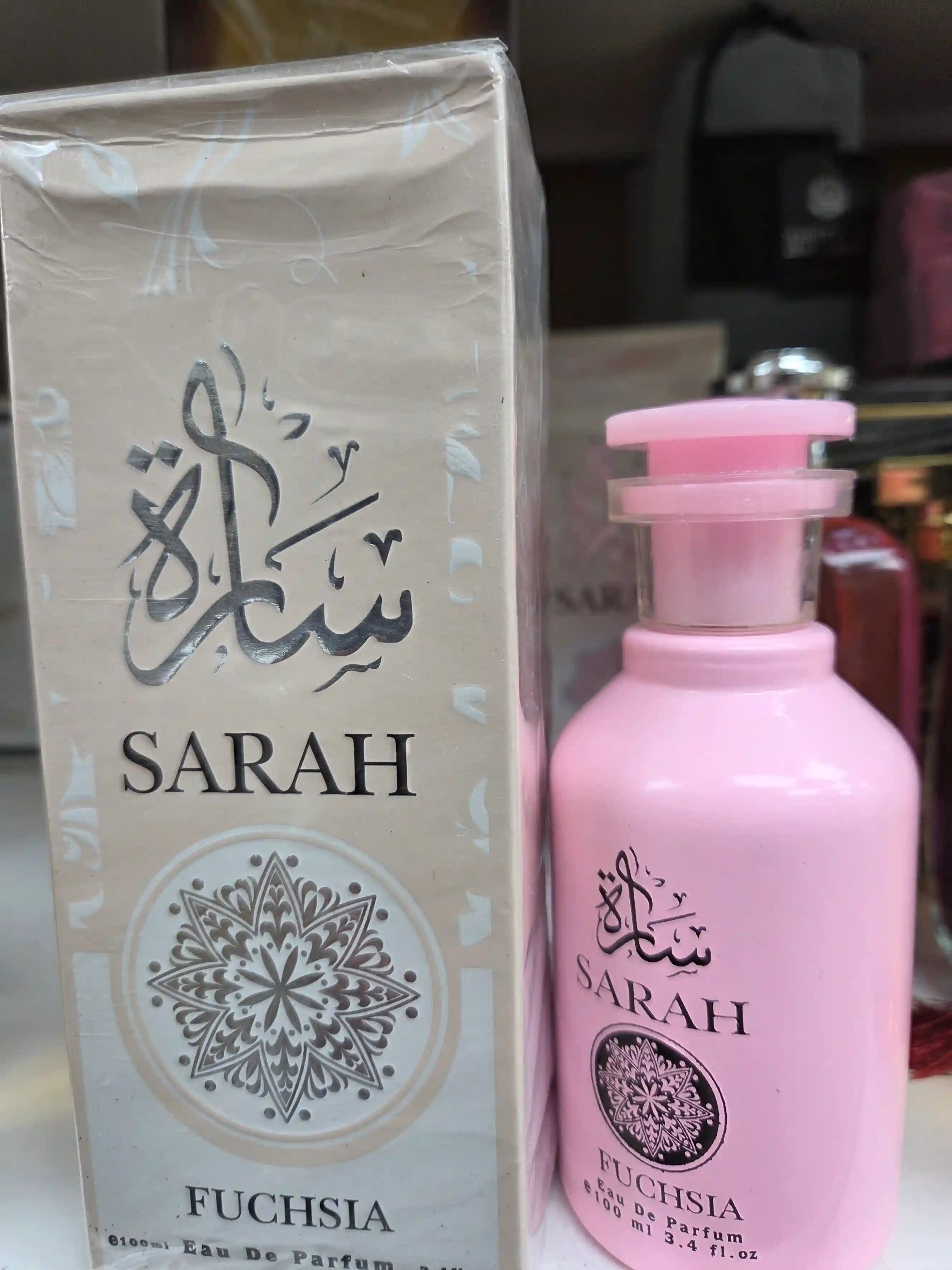 
Sarah 100ml pink perfume bottle with Arabic calligraphy by Fuchsia