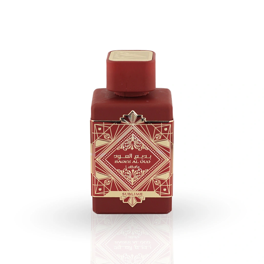 Badee Al Oud Sublime red perfume bottle with Art Deco gold design