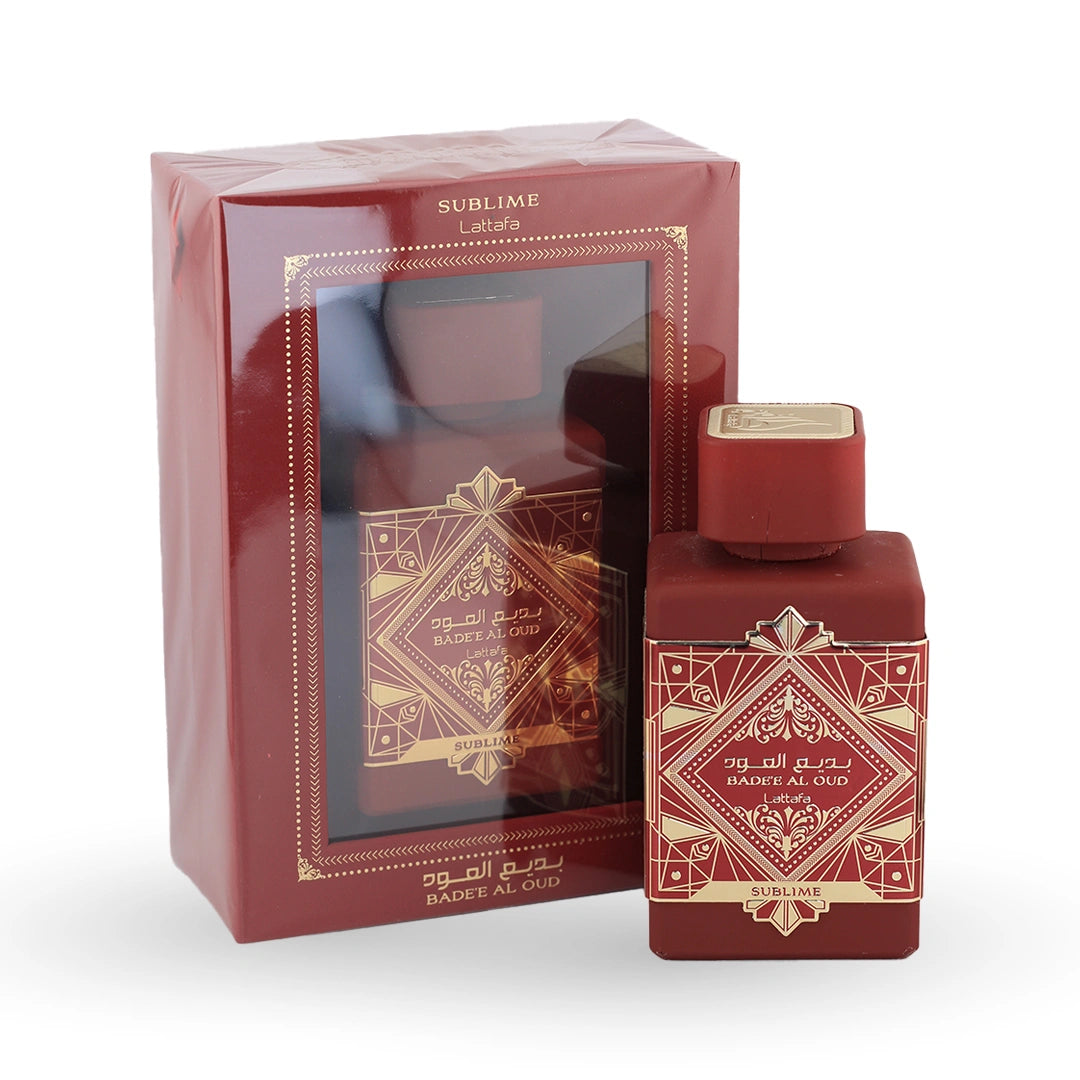 Badee Al Oud Sublime red perfume bottle with Art Deco gold design