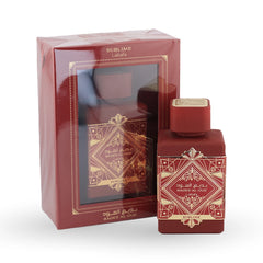 Badee Al Oud Sublime red perfume bottle with Art Deco gold design