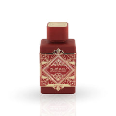 Badee Al Oud Sublime red perfume bottle with Art Deco gold design