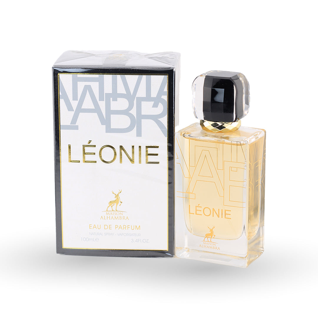 Léonie perfume bottle with packaging on a white background