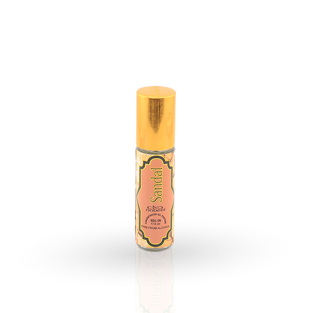 Roll-on bottle of Sandal oil with a gold cap on a white background