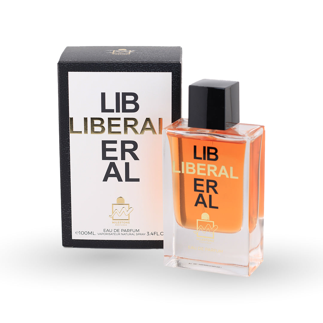 Perfume bottle and packaging with 'LIBERIAL' branding on a white background