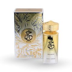 Gold and white perfume bottle with decorative packaging on a white background