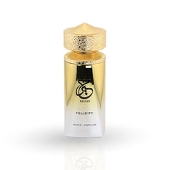 Gold and white perfume bottle with 'Khair' branding on a white background