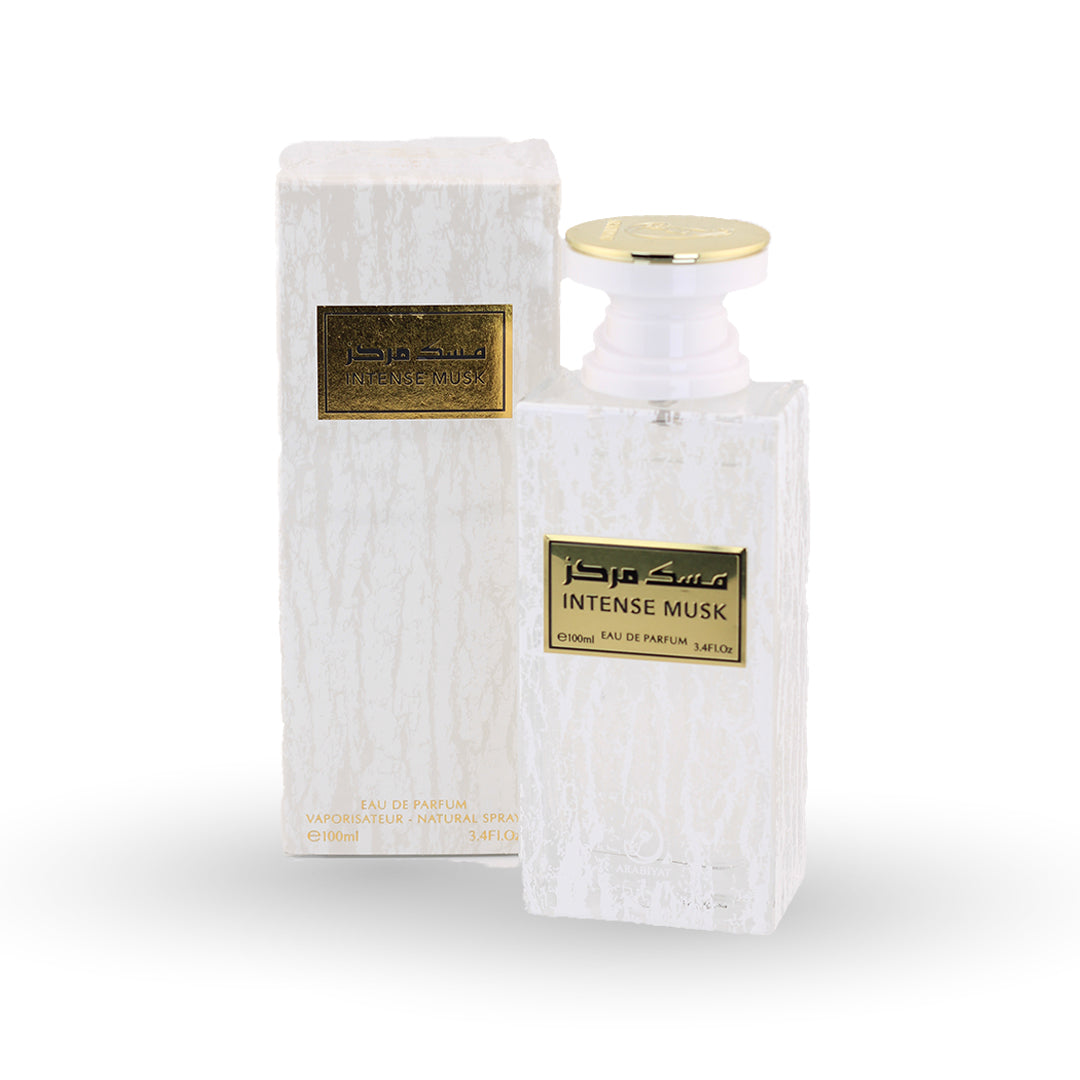 Perfume bottle and packaging with 'Intense Musk' label on a white background