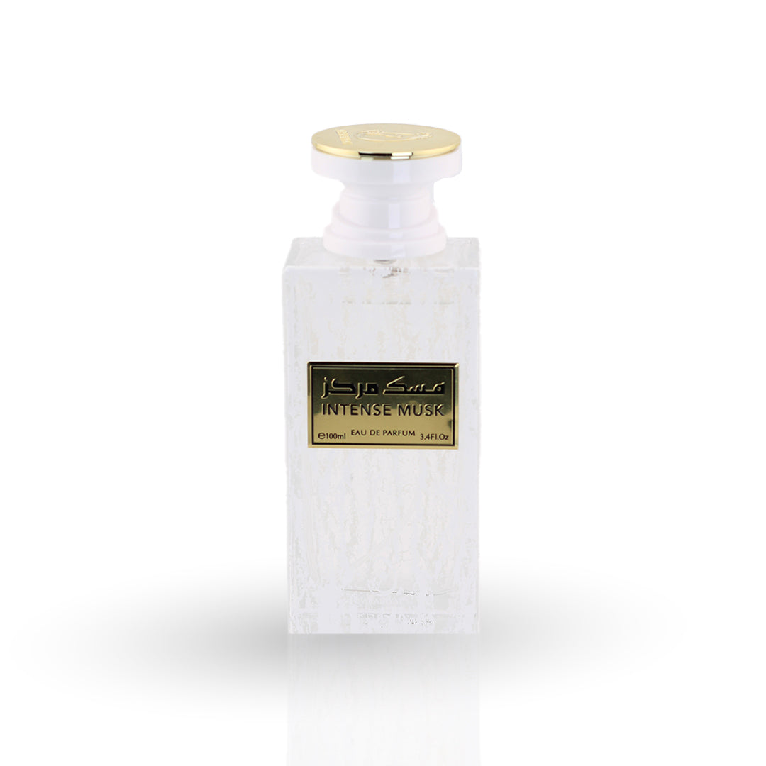 White perfume bottle with gold cap on a white background