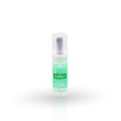 Roll-on perfume bottle with green label on a white background