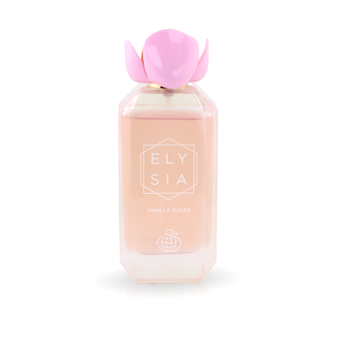 Perfume bottle with pink cap and 'Elysia' branding on a white background