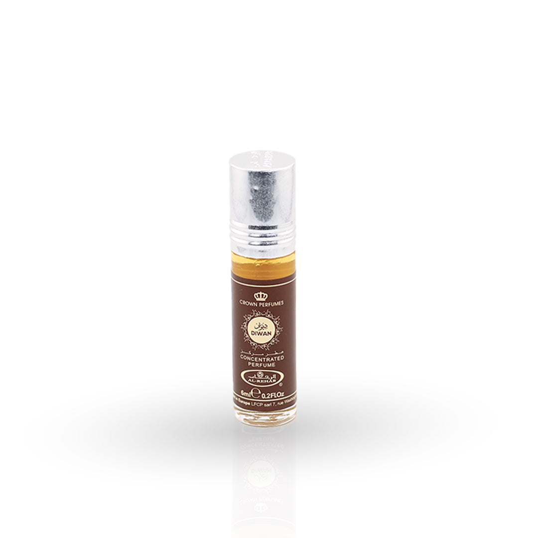 Roll-on perfume bottle with a brown label on a white background