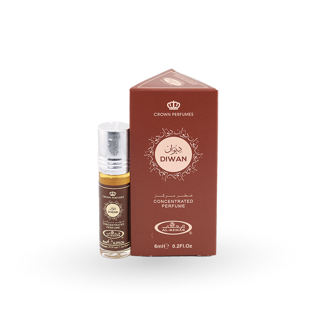 Diwan concentrated perfume bottle and packaging on a white background