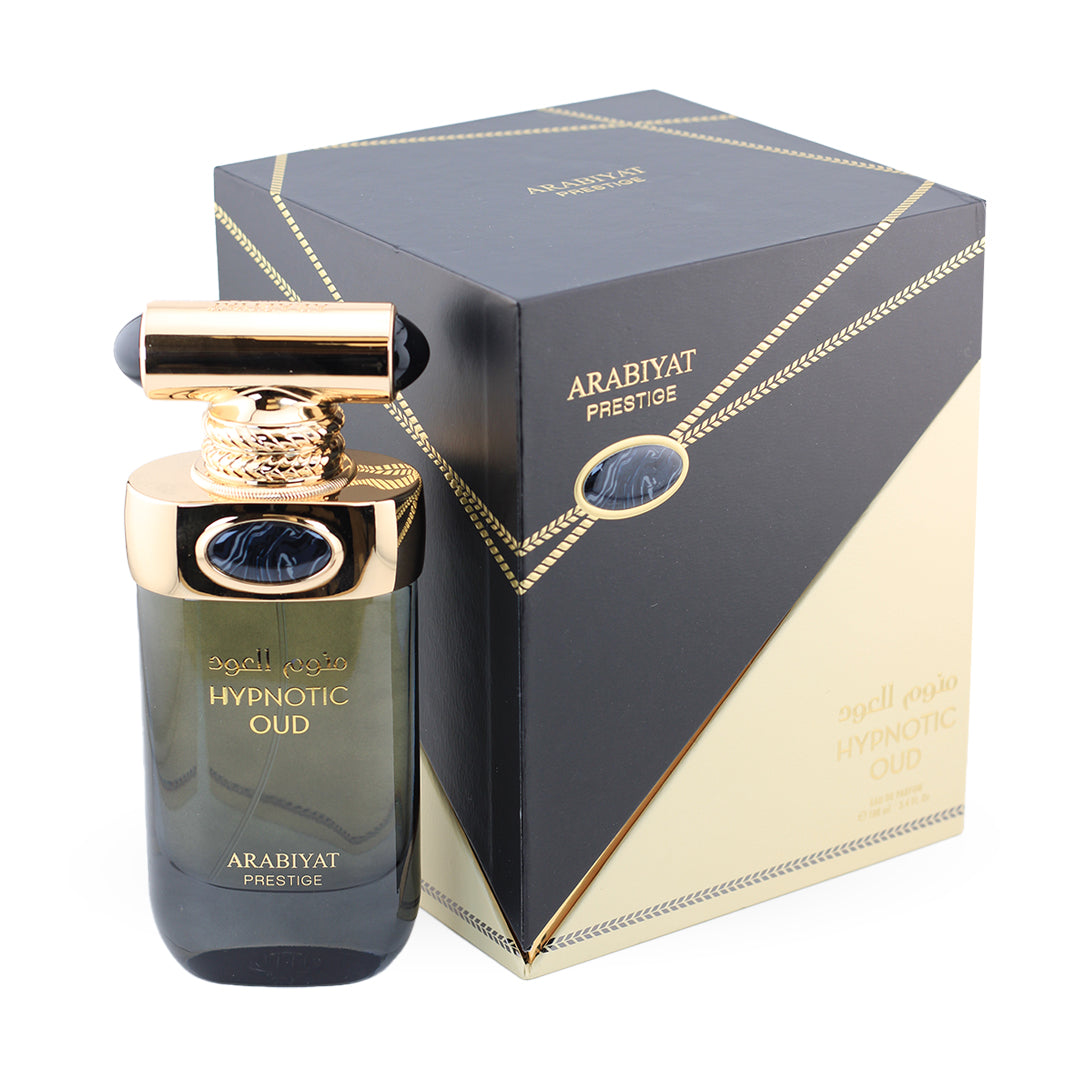Perfume bottle and packaging of Arabiyat Prestige Hypnotic Oud on a white background