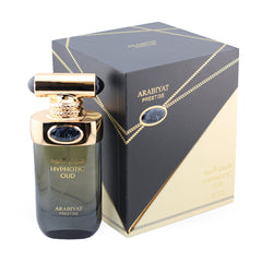 Perfume bottle and packaging of Arabiyat Prestige Hypnotic Oud on a white background