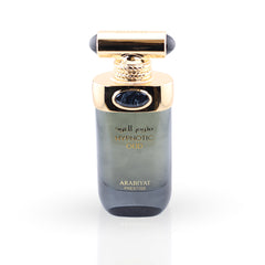 Perfume bottle with gold cap and label on a white background