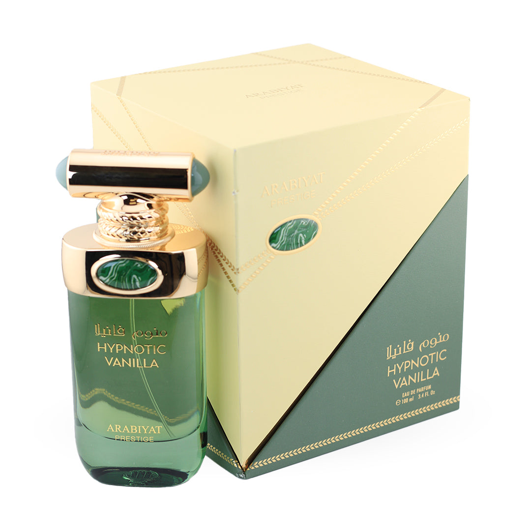 Green perfume bottle with gold cap and 'Hypnotic Vanilla' text, next to a matching box on a white background.