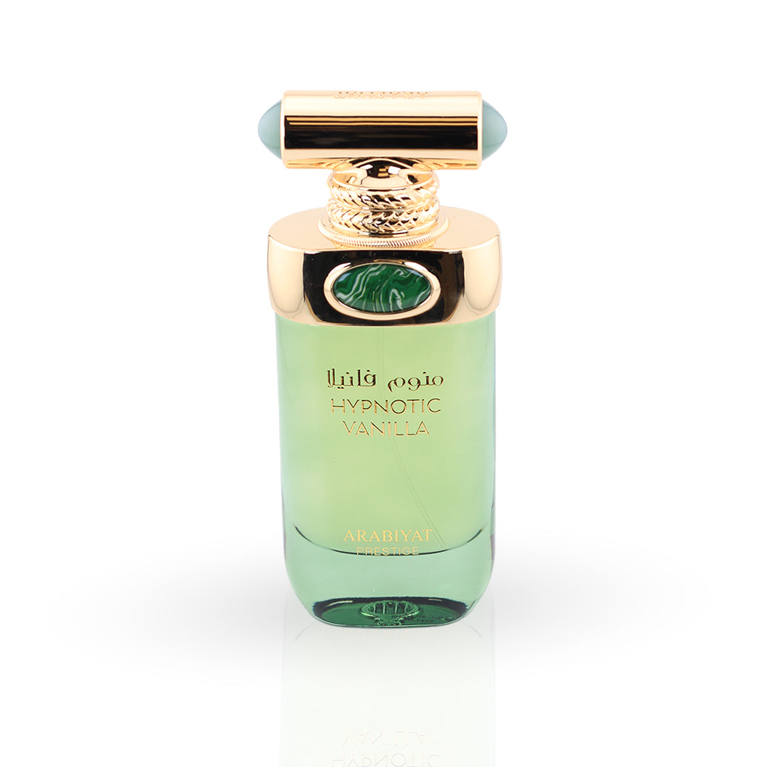 Green perfume bottle with gold cap on a white background