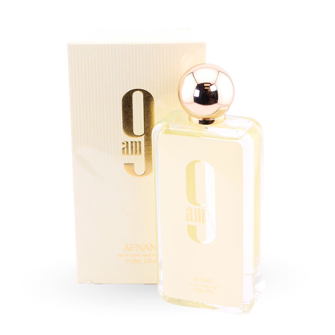 Afnan 9 AM Eau de Parfum 100ml — bottle beside its box, cream beige box with large 9 and am beside matching cream bottle