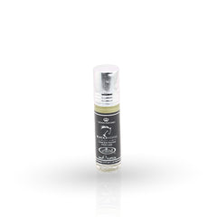 Small perfume bottle with a black label on a white background