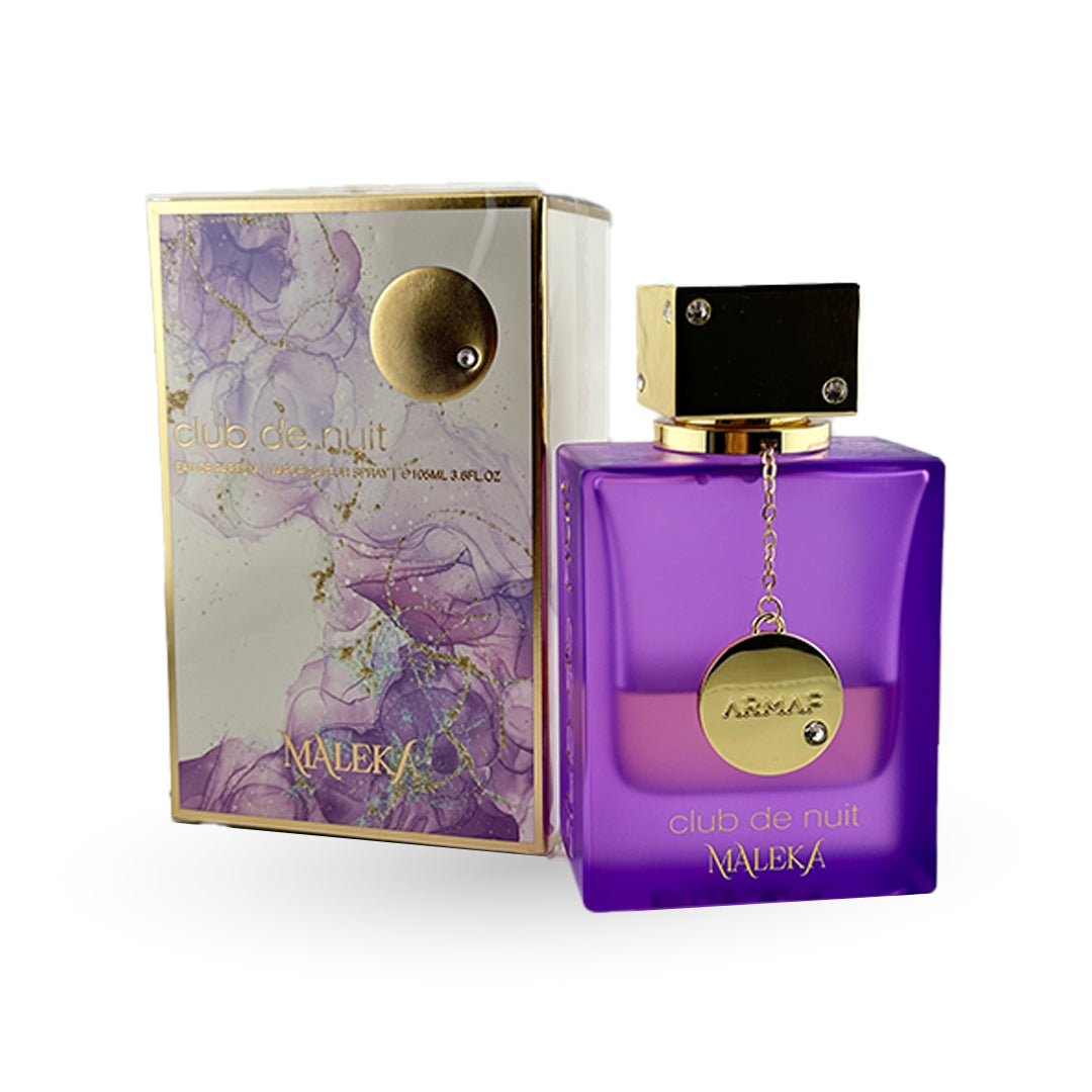 Purple perfume bottle with gold cap and 'Maleka' packaging on a white background