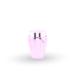 Pink glass bottle with silver cap on a white background