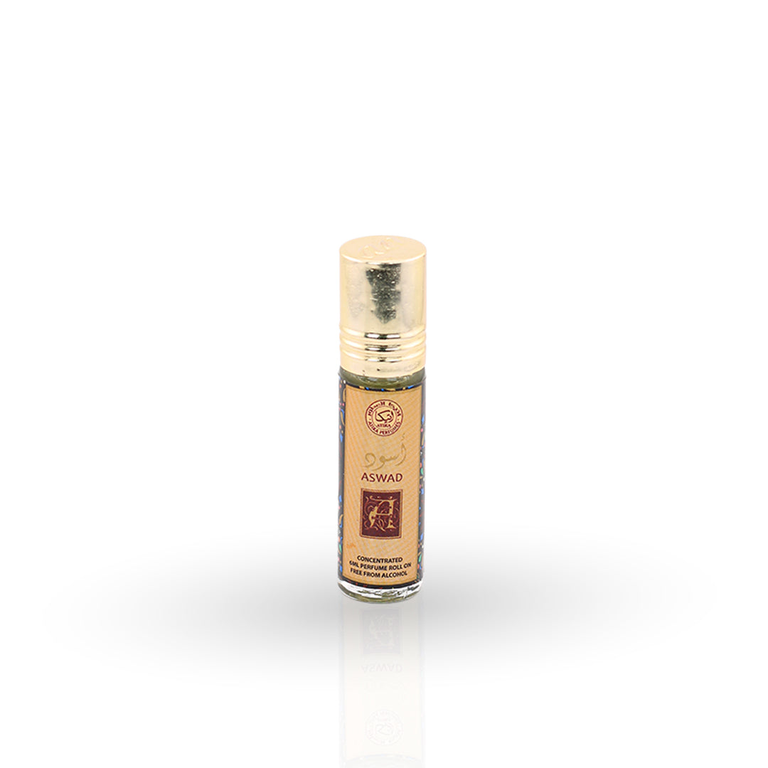 Roll-on bottle with gold cap and beige label on a white background