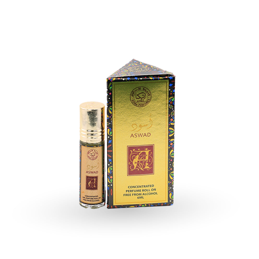 ASWAD perfume roll-on bottle with packaging on a white background