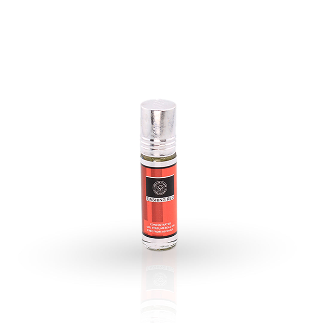 Roll-on perfume bottle with red label and silver cap on a white background