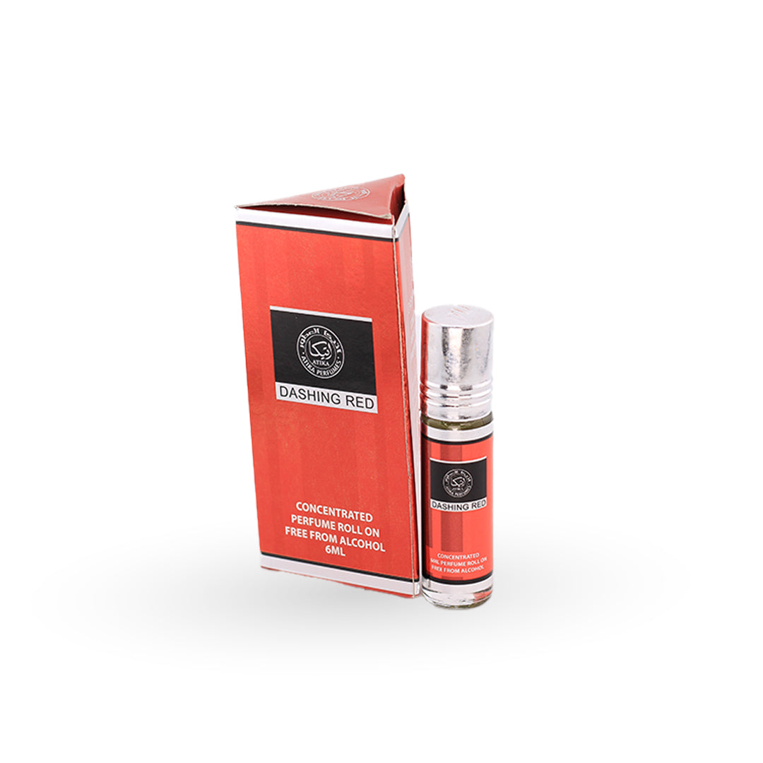 Perfume bottle and packaging with 'Dashing Red' branding on a white background
