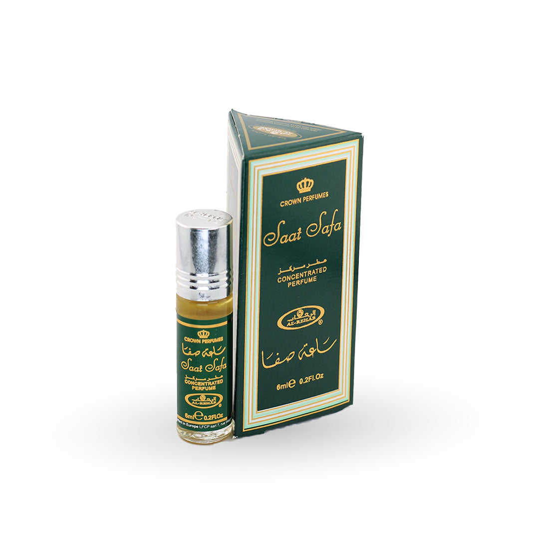 Perfume bottle and packaging of Saat Safa on a white background