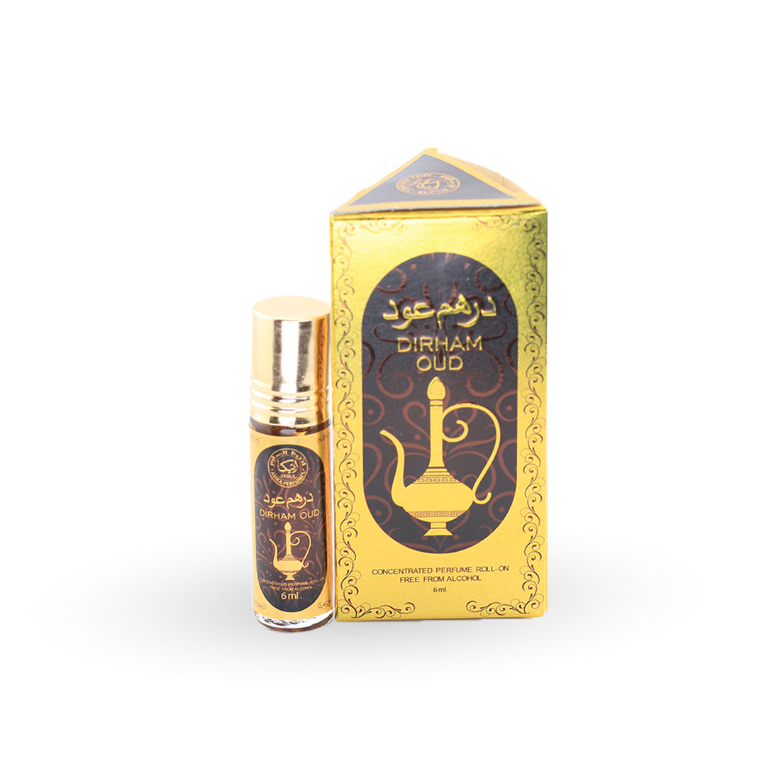Dirham Oud perfume bottle and packaging on a white background