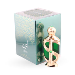 Green perfume bottle with gold cap and 'Lateen' branding on a white background