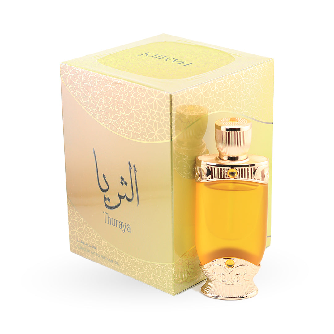 Perfume bottle with its packaging on a white background