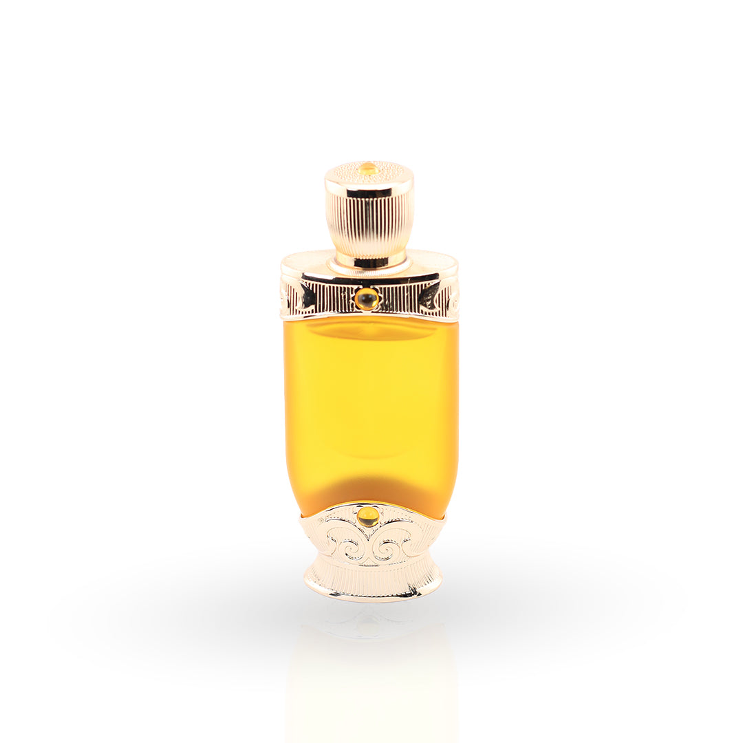Perfume bottle with gold cap and base on a white background