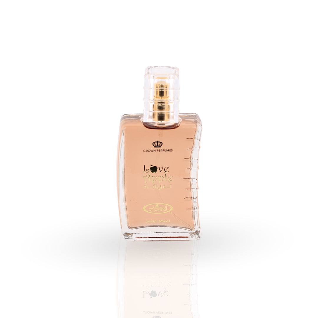 Perfume bottle with 'Love' and 'Crown Perfumes' text on a white background
