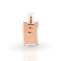 Perfume bottle with 'Love' and 'Crown Perfumes' text on a white background