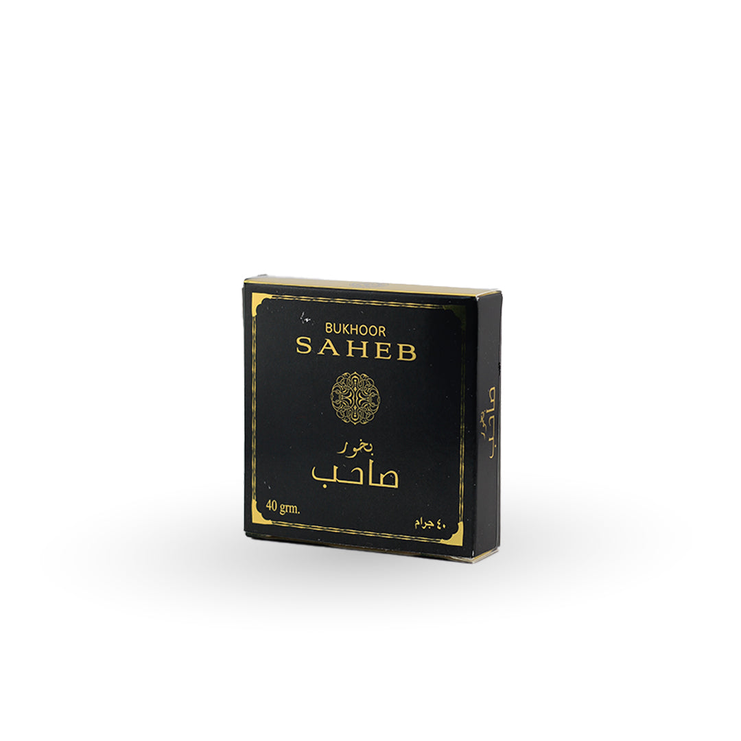 Black and gold box of Bukhoor Saheb on a white background