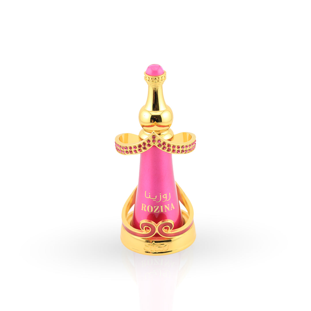 Pink and gold bottle with 'Rozina' branding on a white background