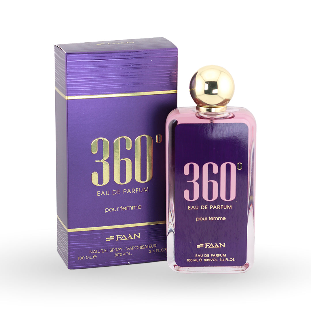 Faan 360 Pour Femme Eau de Parfum 100ml — pink gradient bottle beside its purple presentation box with gold trim